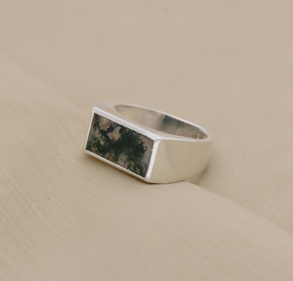 Sterling Silver Moss Agate Rectangular Signet Ring – Unique Natural Gemstone Des