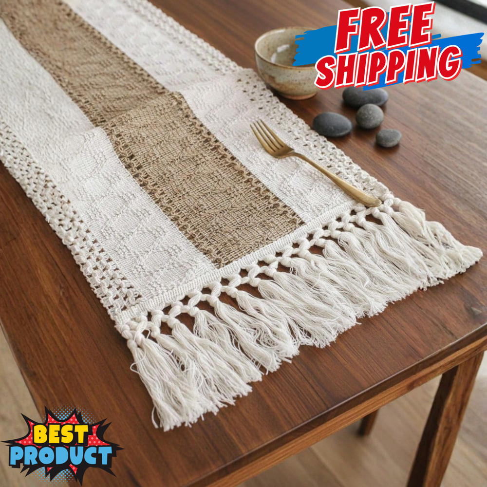 Boho Table Runner With Tassels Cream & Brown Macrame Woven Table Runner Mat