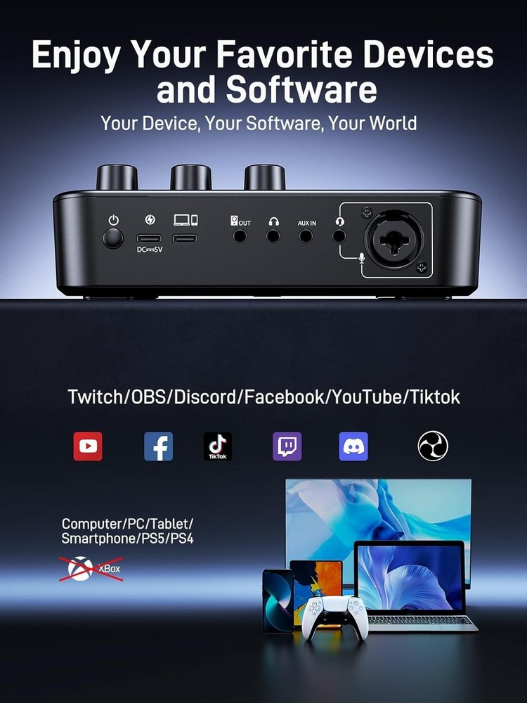 Gaming Streaming Equipment Bundle: Audio Interface Mixer and XLR Dynamic Mic RGB