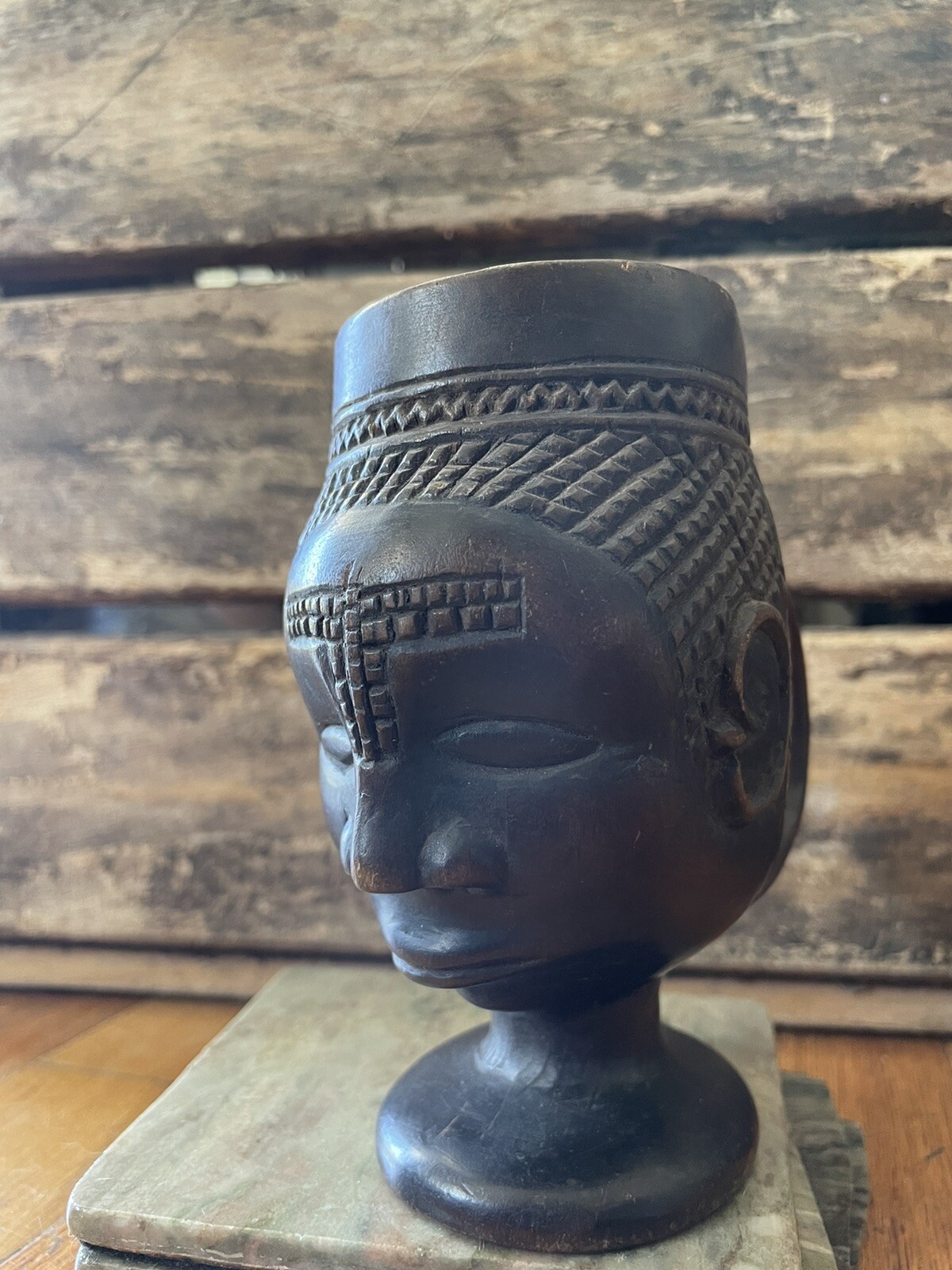 Vintage / Antique African Kuba Cup Wood Carved Palm Wine DRC Ceremonial Signed!