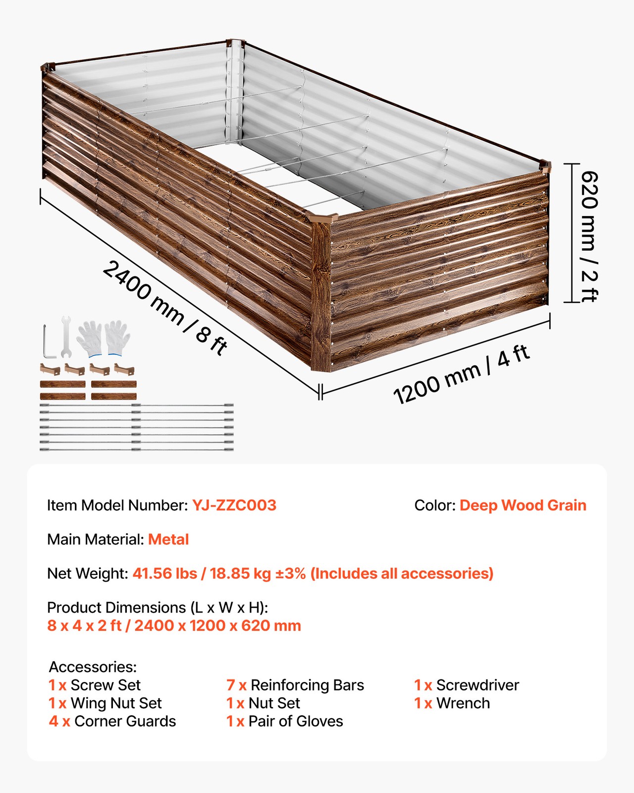VEVOR Galvanized Raised Garden Bed 8 x 4 x 2ft Rectangular Planter Box Deep Wood
