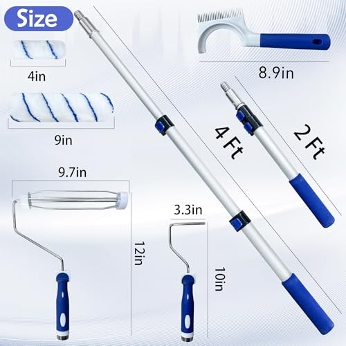Paint Roller Kit 16PCS, 9&4 Inch Paint Roller with Adjustable 2-4FT Stainless