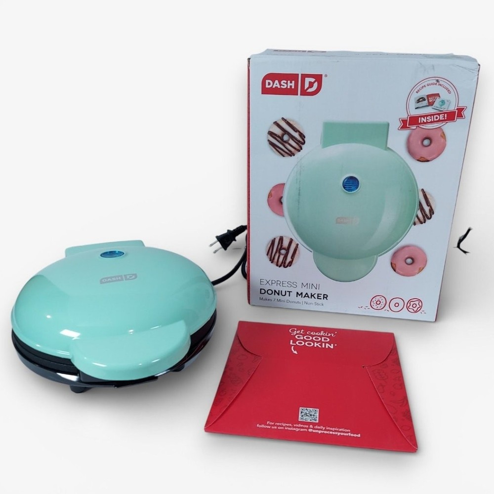 Dash Express Mini Donut Maker Aqua Nonstick Makes 7 Mini Donuts w Recipe Guide