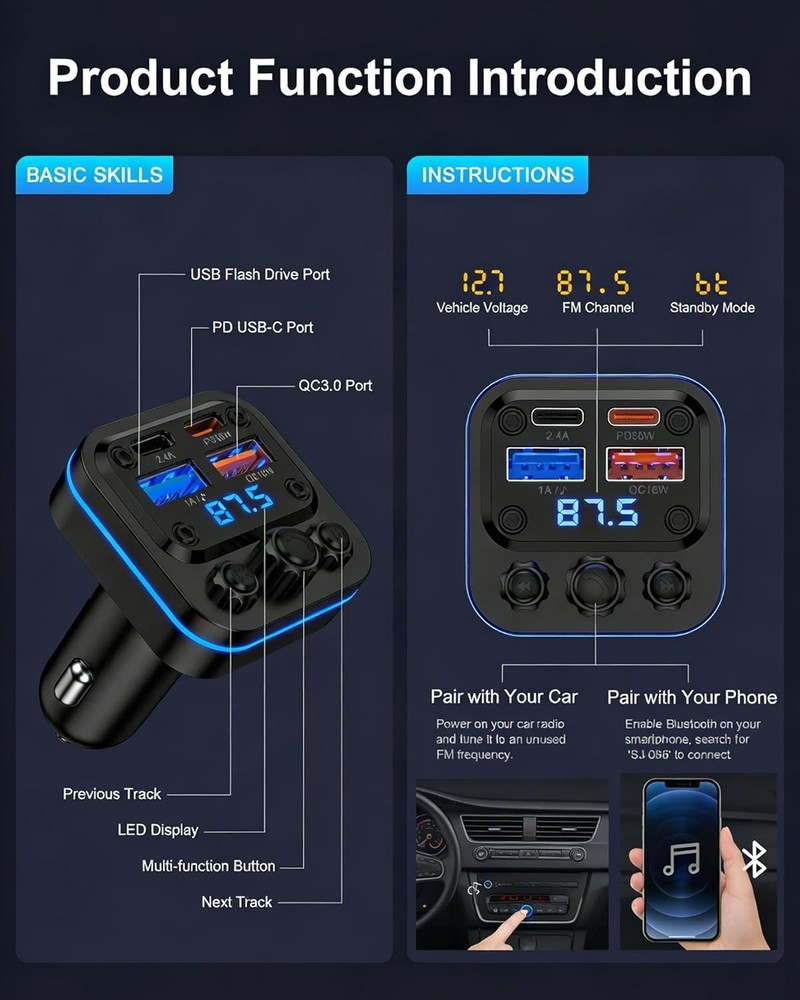 Bluetooth FM Transmitter Car 54W FastCharger USB C A Wireless for iPhone Samsung