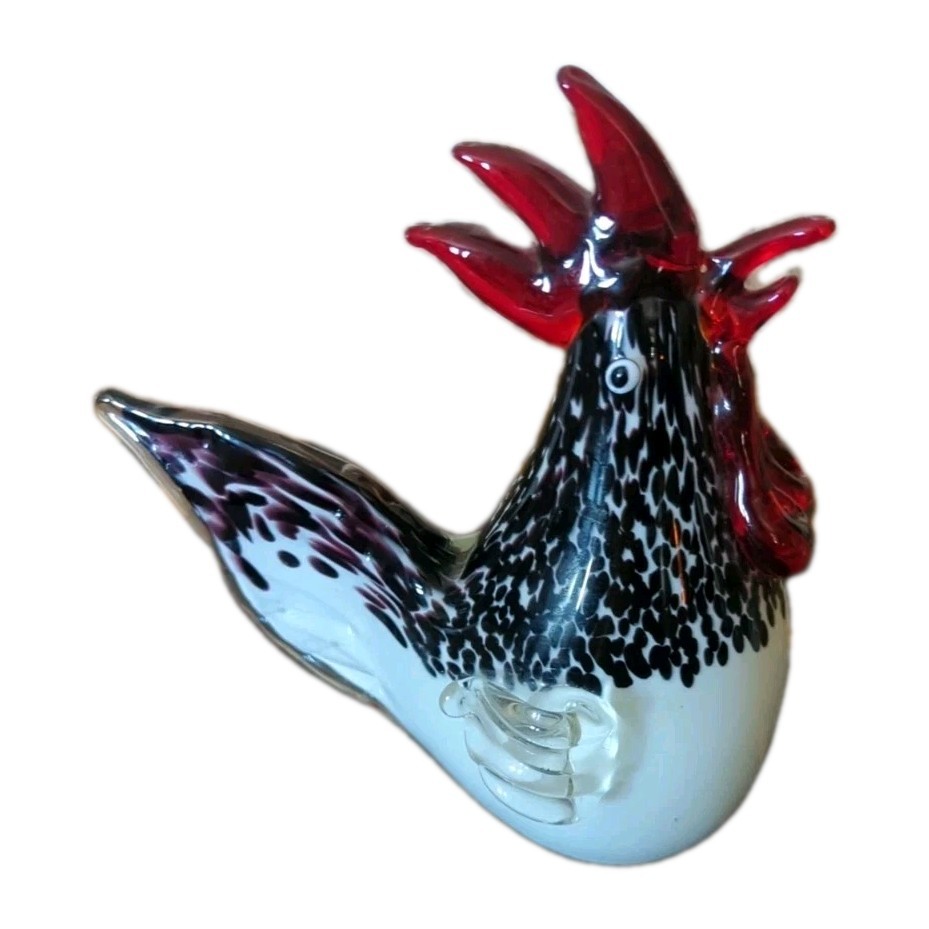 Black White Red Art Glass Heavy Rooster Bird Figurine Farm Decor Paperweight