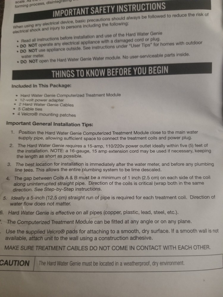 Hard Water Genie. Instructions Booklet. Never Used. E11
