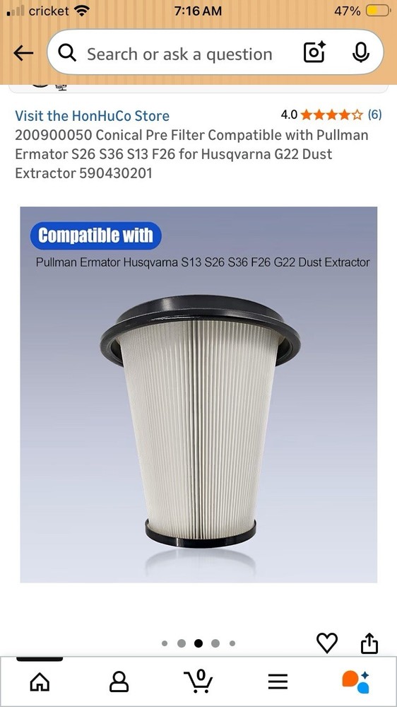 HonHuCo Conical Pre Filter For Dust Extract Pullman Ernator/ Husqvarna