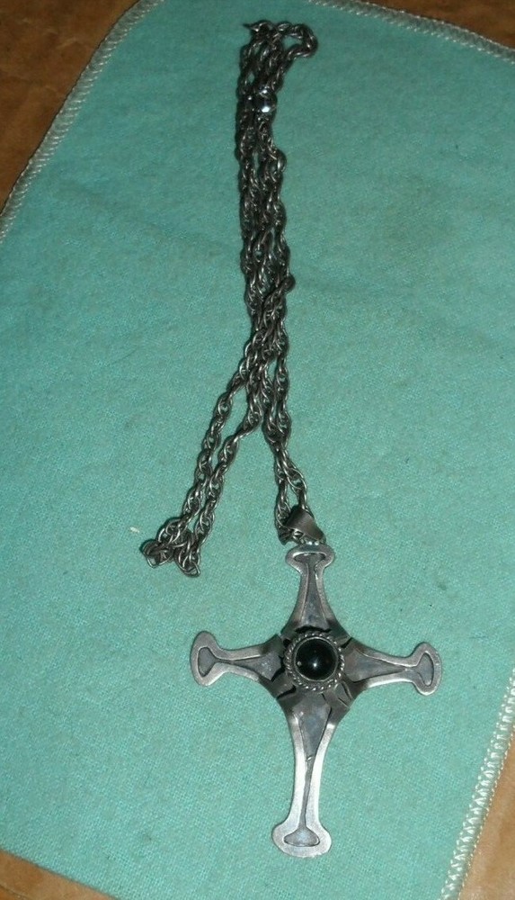 Signed Sterling Silver Cross Necklace With Raised Stone Eagle 3 21" Chain
