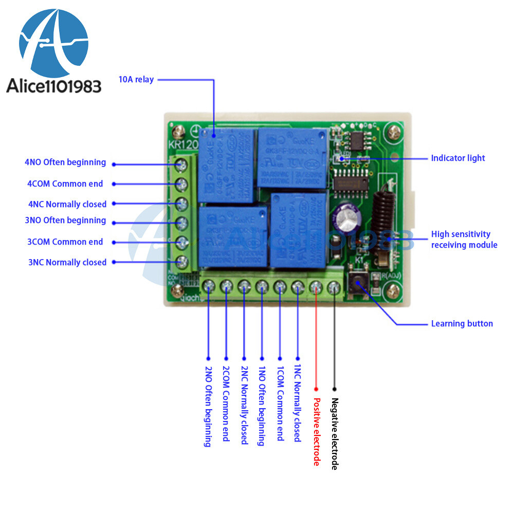 DC 12V 433MHz 315MHz Wireless RF Remote Control Relay Switch 4CH Receiver Module