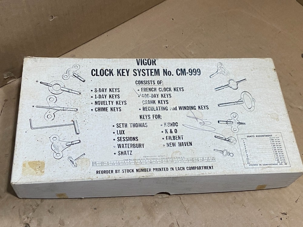 Vigor Clock Key System # CM-999 Clockmaker Store Display Box COMPLETE w/ 40 Keys