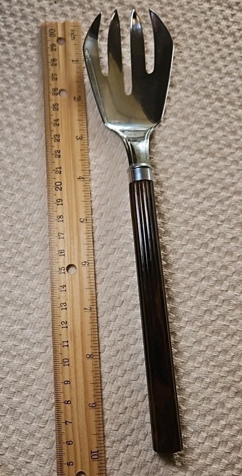 Vntage Bakelite Salad Server Fork Signed Chase Brown Ribbed Bakelite Handle 10"