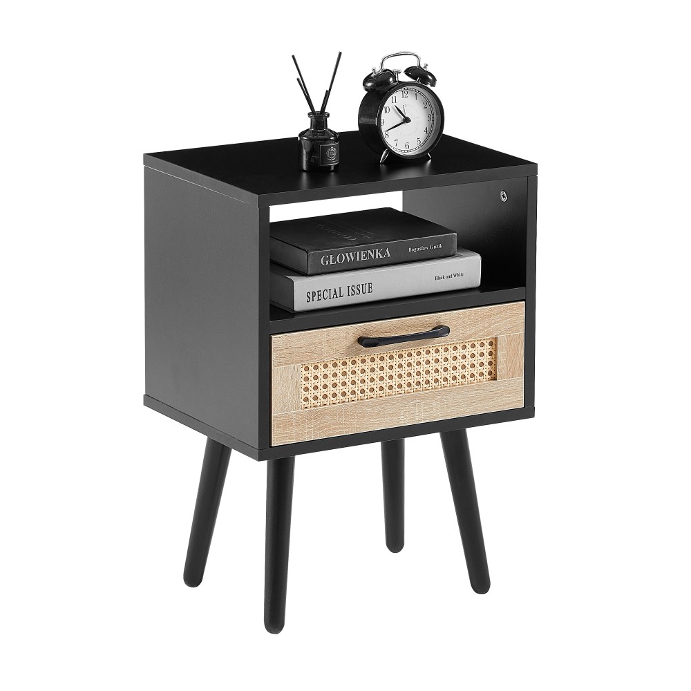 Rattan End Table with Drawer & Solid Wood Legs, Modern Nightstand