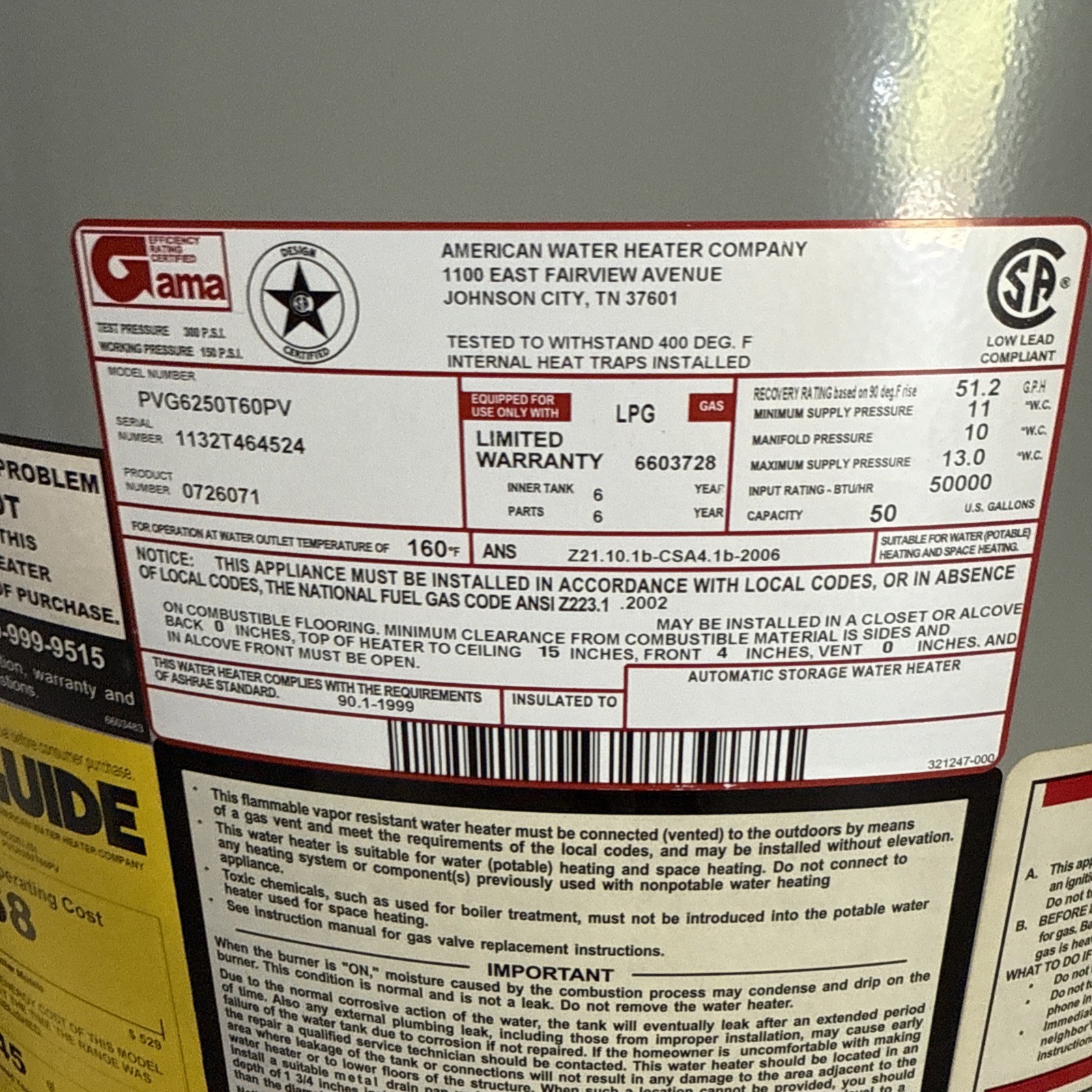 Powerflex power vent Water heater propane 50 gallon (#PVG62)