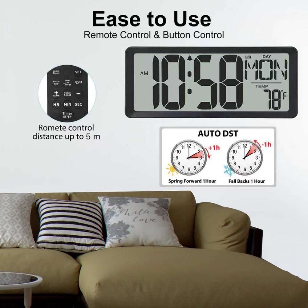 14.5” Battery Operated Large Digital Wall Clock with Backlight, Large Display...