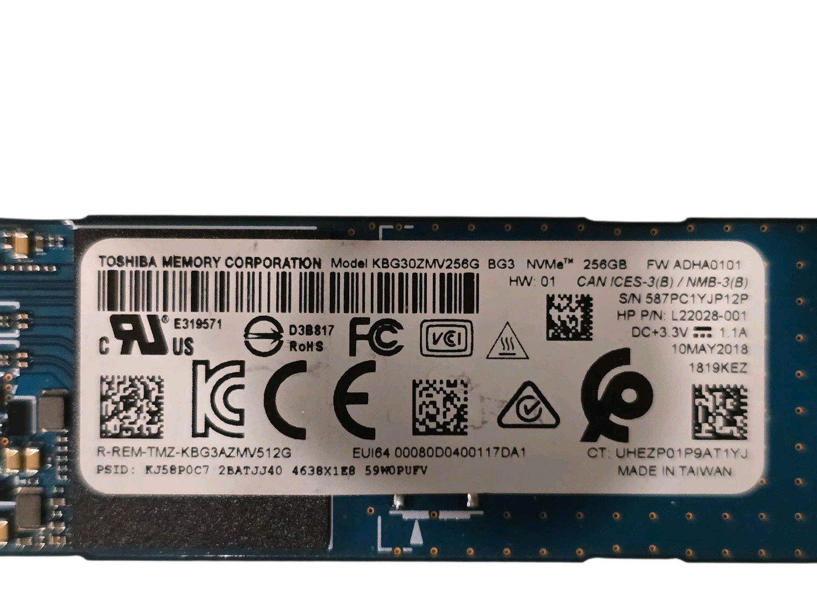 Toshiba BG3 256GB NVMe M.2 SSD PCIe KBG30ZMV256G HP L22028-001 587PC1YJP12P