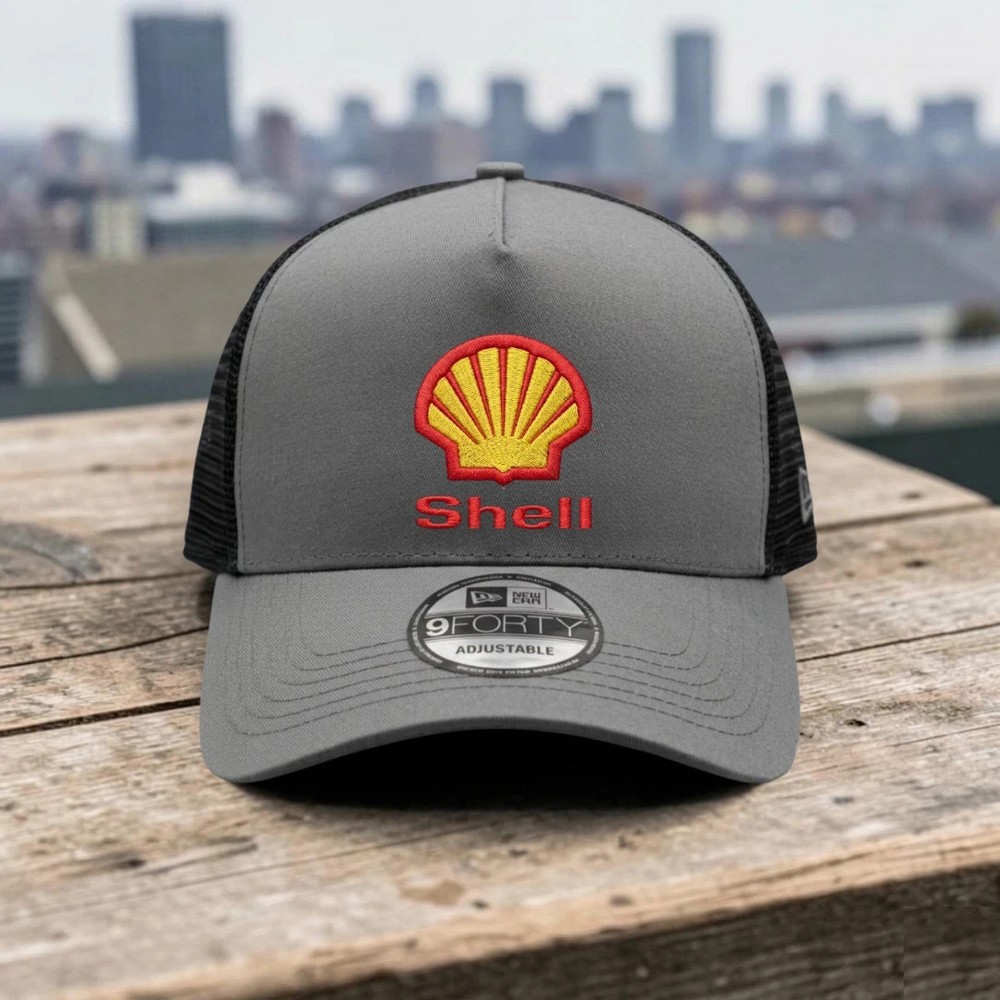 Shell Embroidered Logo Trucker Hat Gray Black Mesh Adjustable Cap