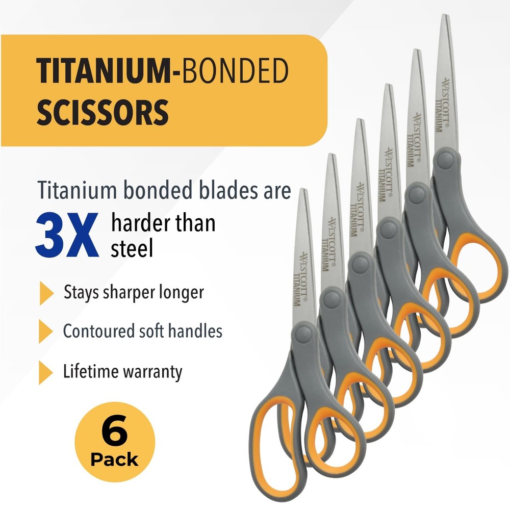 Titanium Bonded Scissors, Soft Handle, 8", Straight, Gray/Yellow, 6-Pack