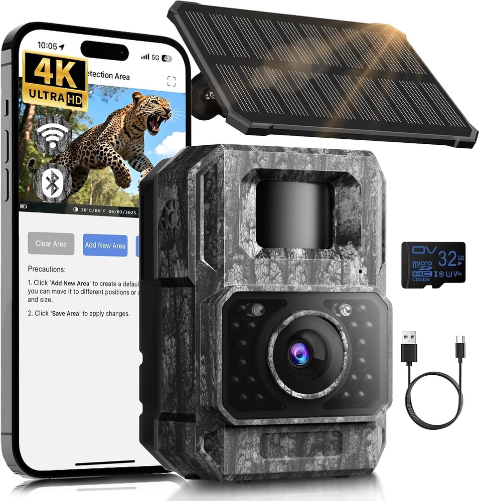 MAXDONE Solar Trail Camera WiFi Bluetooth - 4K 64MP Game Camera with 6000mAh Bat
