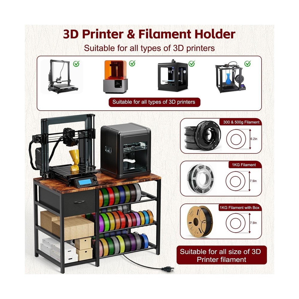 3D Printer Stand w/ Filament Storage Rack,3D Printer Table w/ Power Outlet,3Tier
