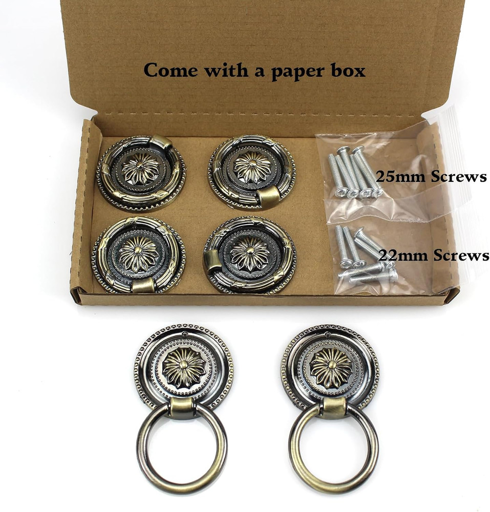 6 Pack Antique Bronze Drawer Pulls 1.77" Round Ring Handles Cabinet Knobs