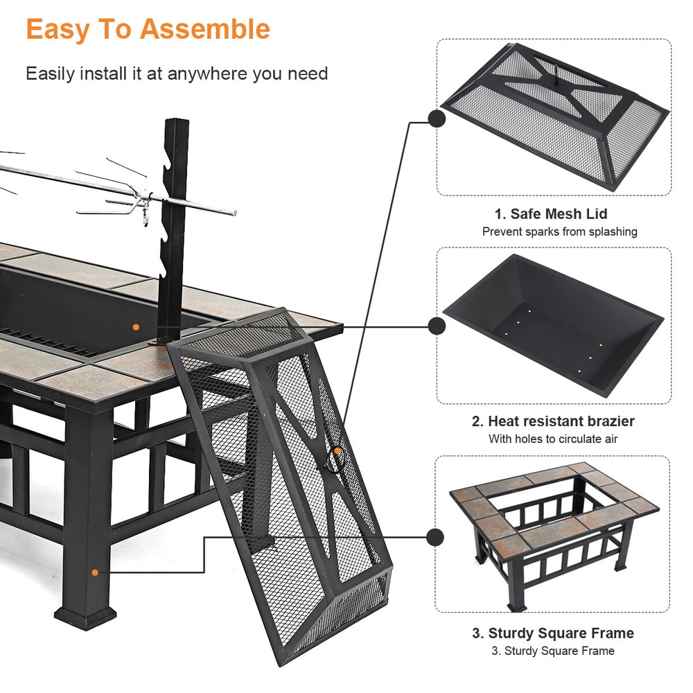 Wood Burning Fire Pit 37" Square Firepit Table Backyard Patio Stove