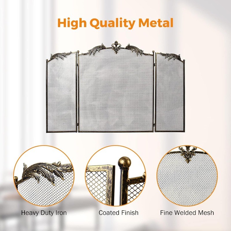 Fireplace Screen, 50 x 32 in, Bronze, 3 Panel Decorative Flat Cover