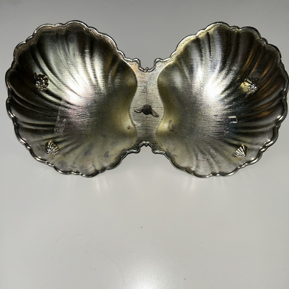Vintage Silvertone Double Clamshell Serving dish Unpolished FLAWED, Damaged