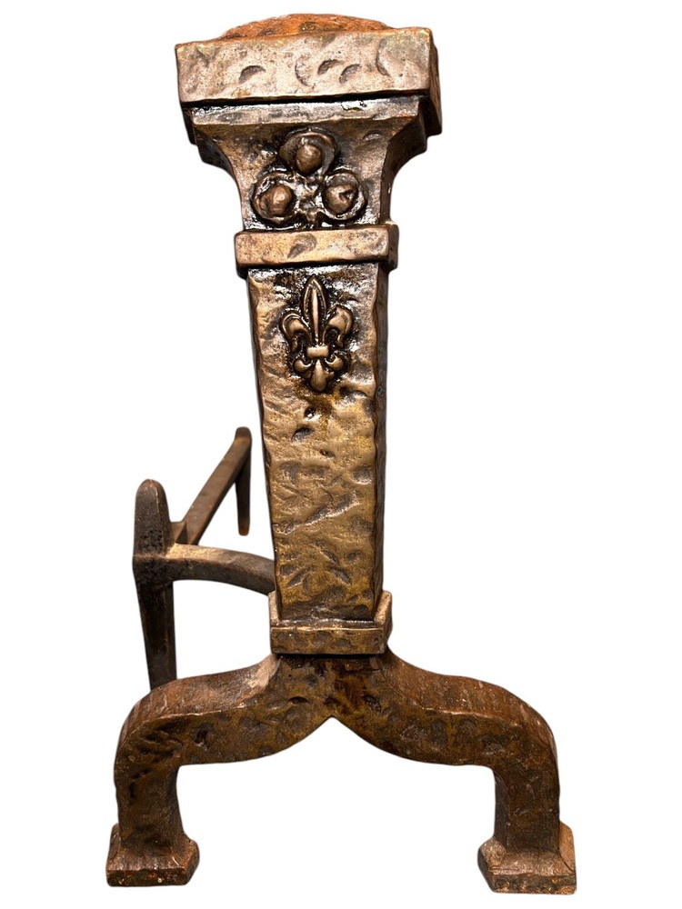 Antique Peerless Cast Iron Hammered Fireplace Andirons Fleur-de-lis 17”