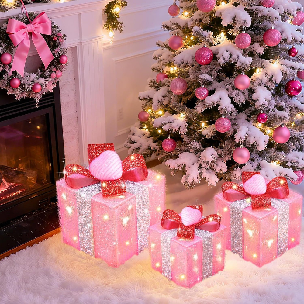 Pink Lighted Gift Boxes with Hearts - 3 Pack Valentine's Decorations