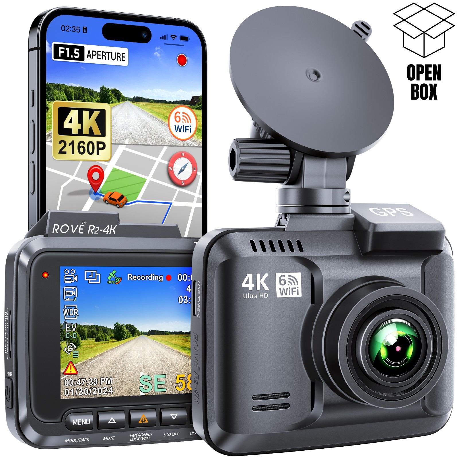 Rove R2-4K Car Dash Cam - 4K Ultra HD 2160P - Built-In WiFi & GPS, Parking Mode