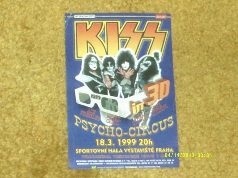 KISS Paper Handbill--PRAGUE 3/18/99--PSYCHO-CIRCUS Tour App. 3 1/2"x 5" VG shape