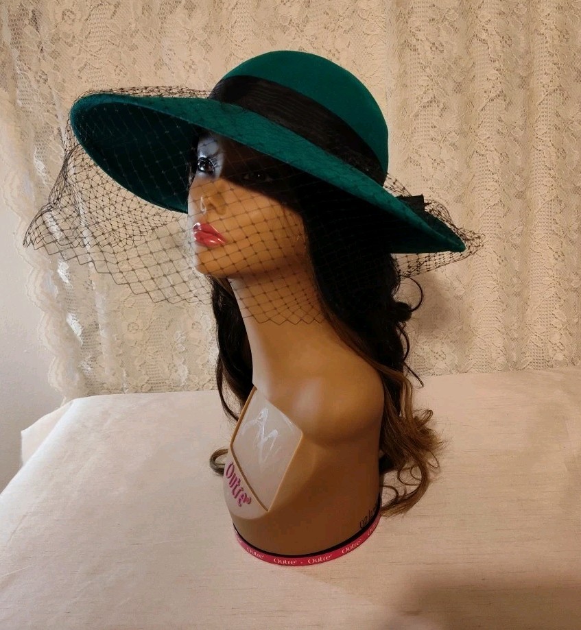 Vintage Geo.W. Bollman Women's Felt Hat With Veil 100% Wool Green with Black