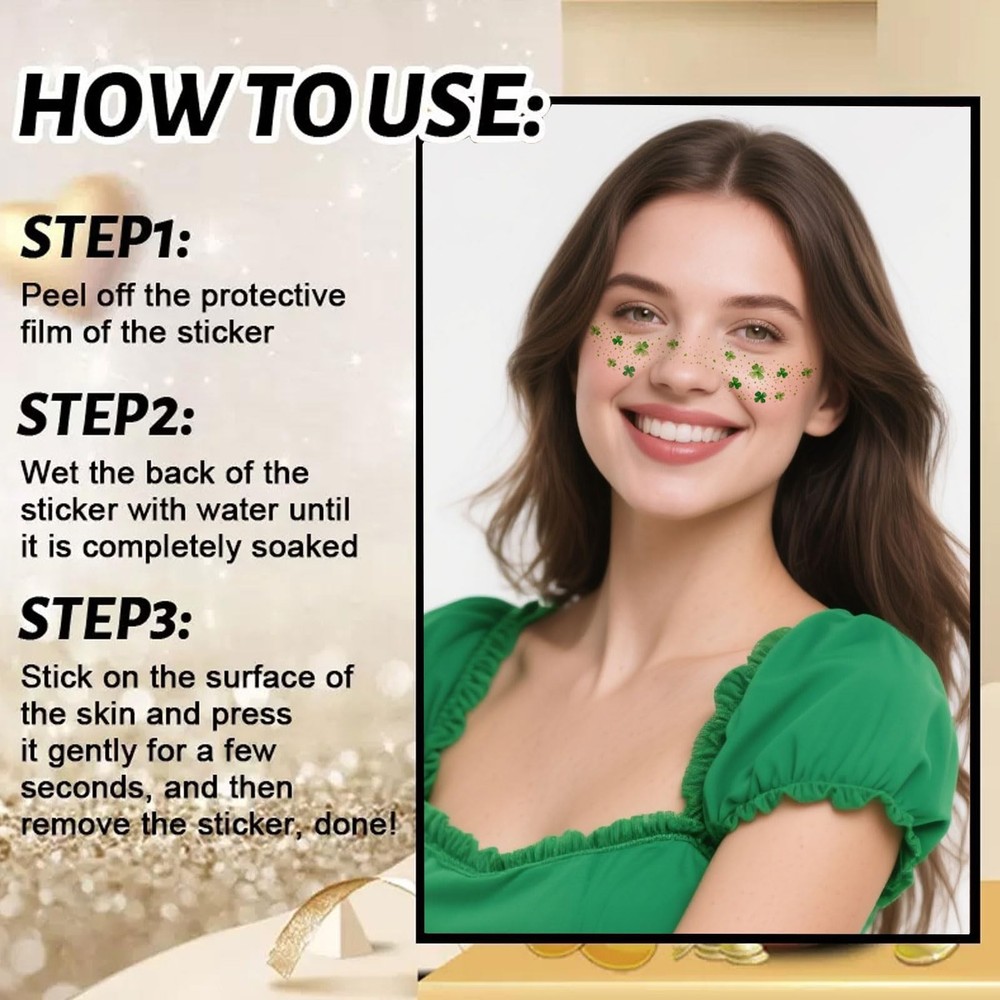 St. Patrick's Day Temporary Tattoos - Glitter Medium, Green