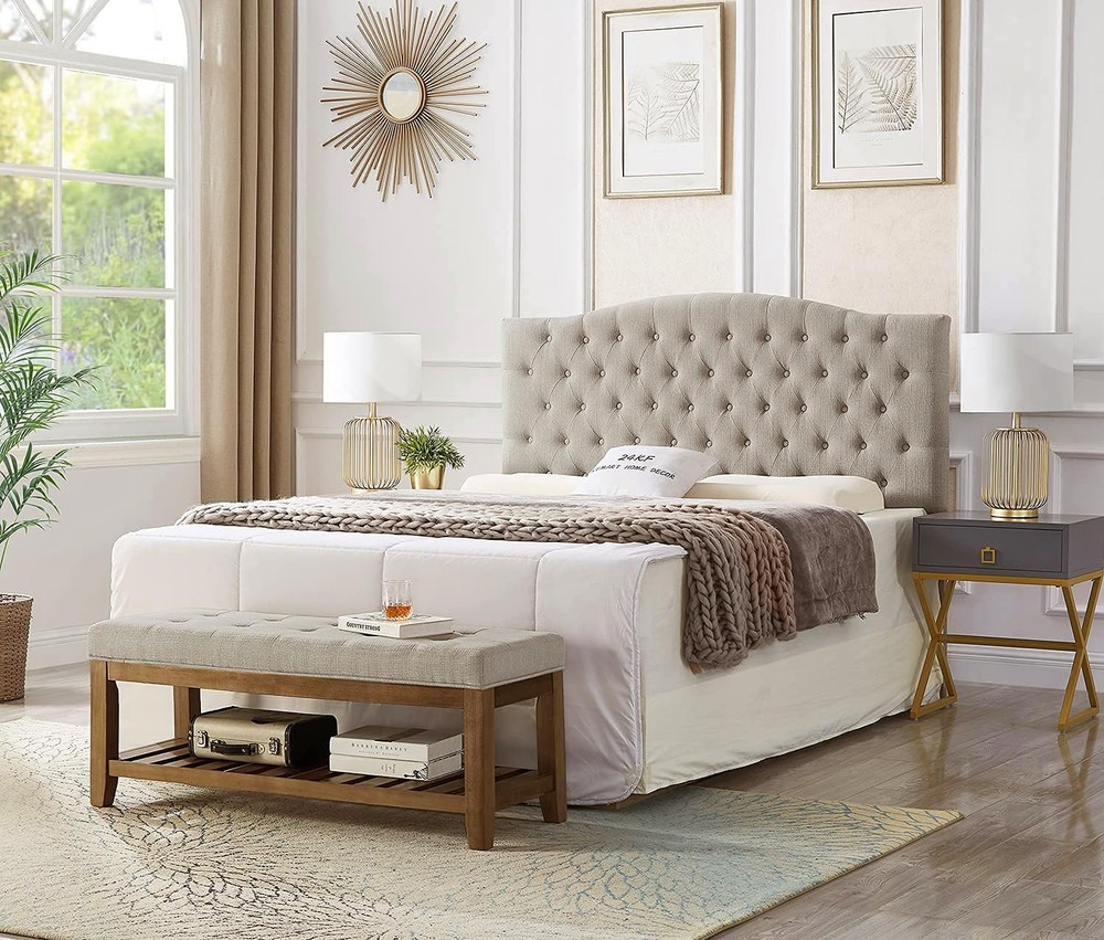 Large Rectangular Upholstered Tufted Linen Fabric Ottoman Bench, Padded Bench...