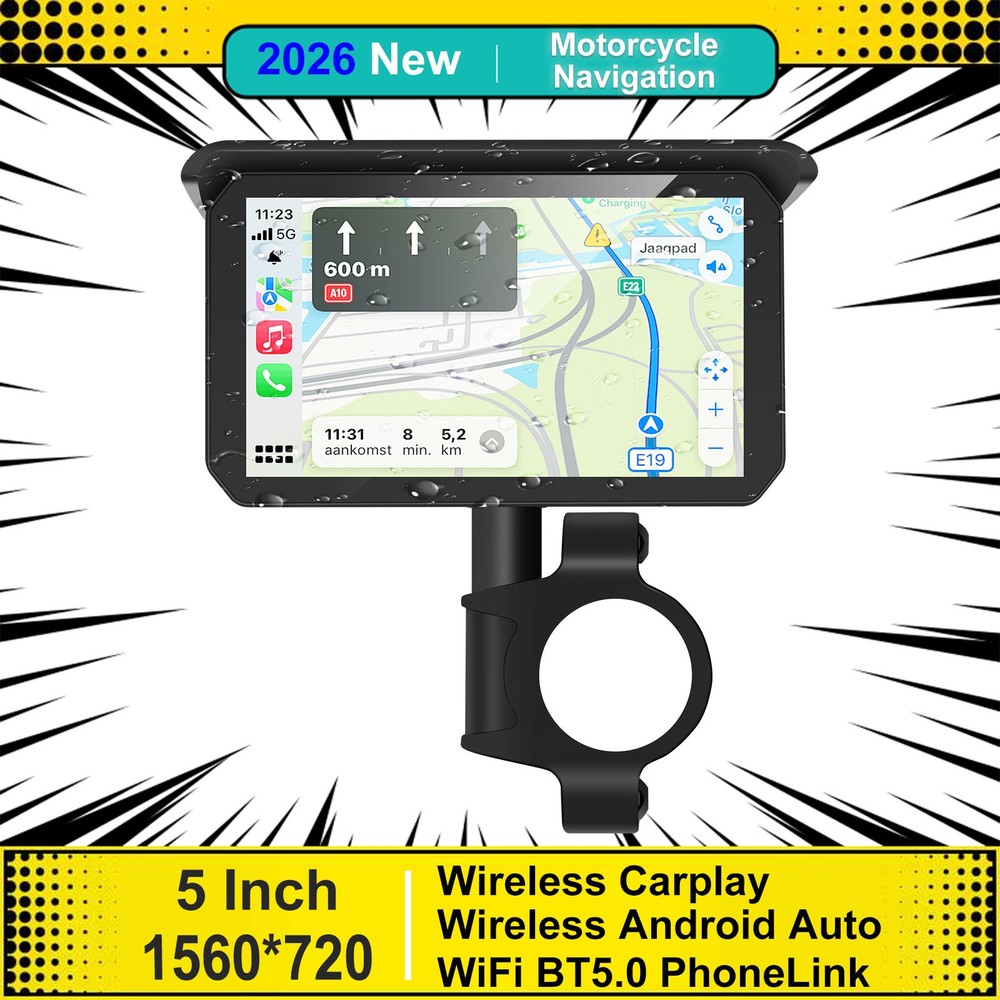 5" Portable Motorcycle CarPlay Android Auto GPS Navigator Waterproof Touchscreen
