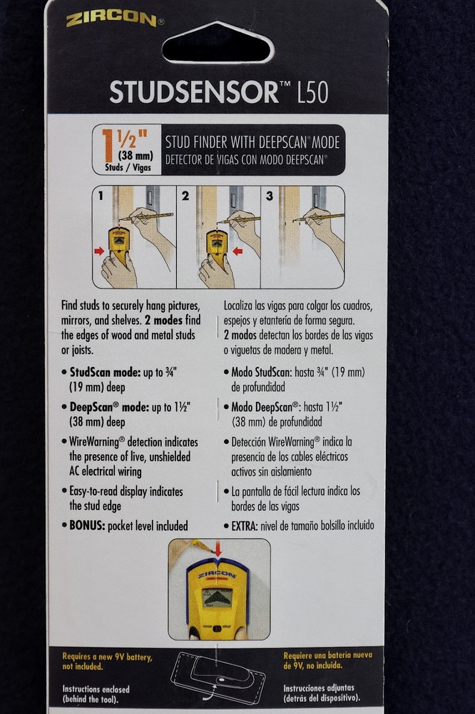 ZIRCON STUDSENSOR L50 EDGE-FINDING STUD FINDER W/POCKET LEVEL, NEW IN BOX
