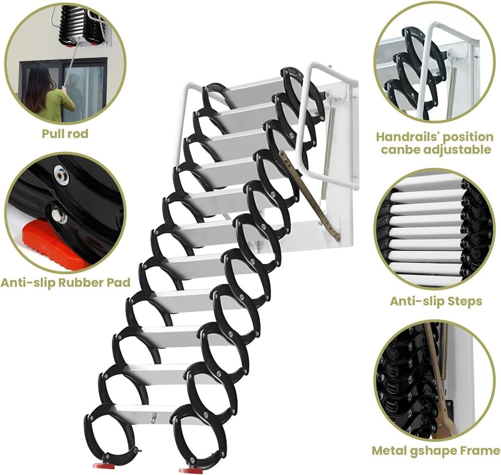 1102 lbs Attic Ladder Wall Mounted Attic Stairs w/Pull Down System,Home Storage