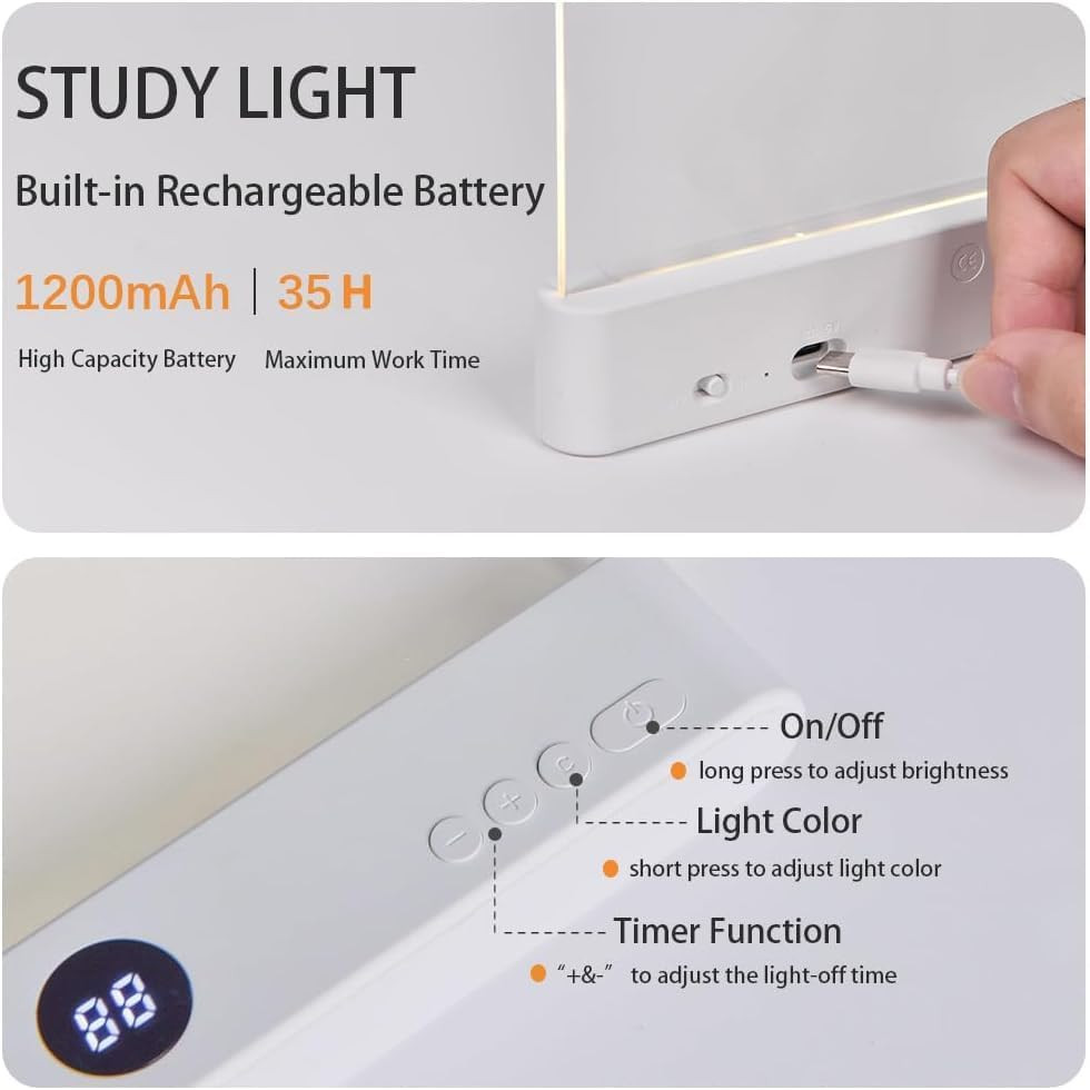 Book Light, 3 Color Adjustable LED Flat Reading Light, Rechargeable Clear Panel