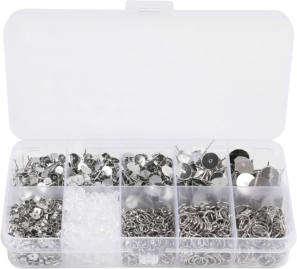 1650Pcs Earring Posts and Backs Jump Rings Kit Small,