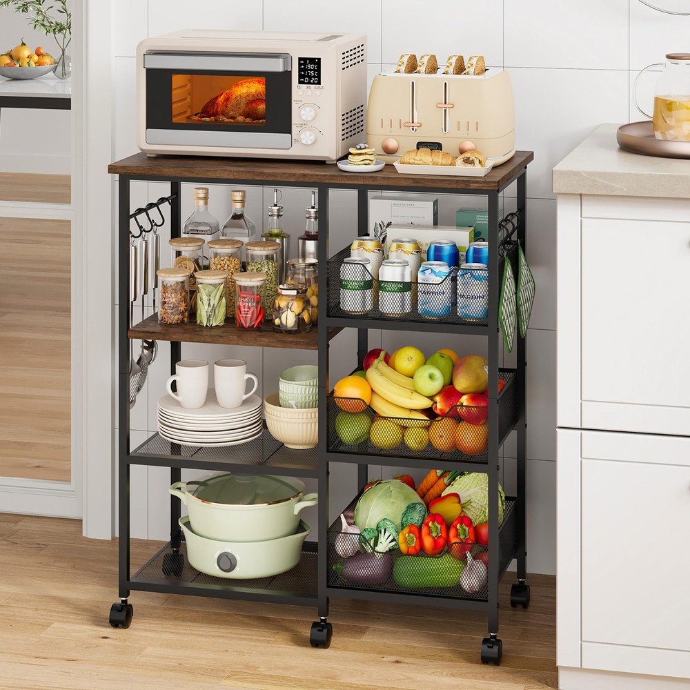 Rolling Kitchen Carts with Storage - Microwave Table Stand with 6 Hooks & 3 B...