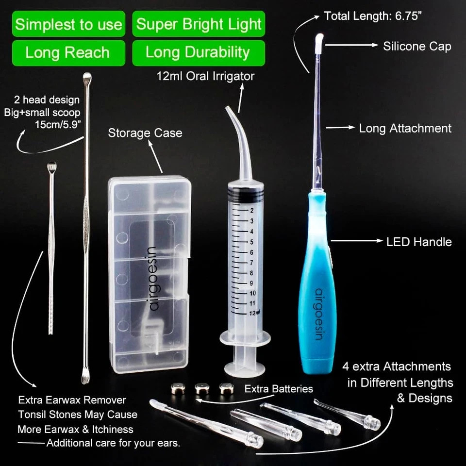 Upgraded 2 Lighted Tonsil Stone Remove Tool Tonsillolith Pick + Irrigation Clean