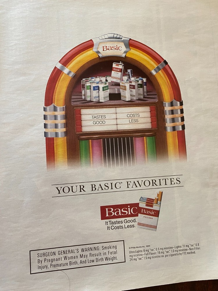 Basic Cigarettes, Full Page Vintage Large Format Print Ad