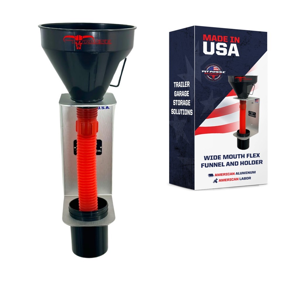 Pit Posse Oil Funnel and Holder Automotive with Handle and Strainer Made In USA
