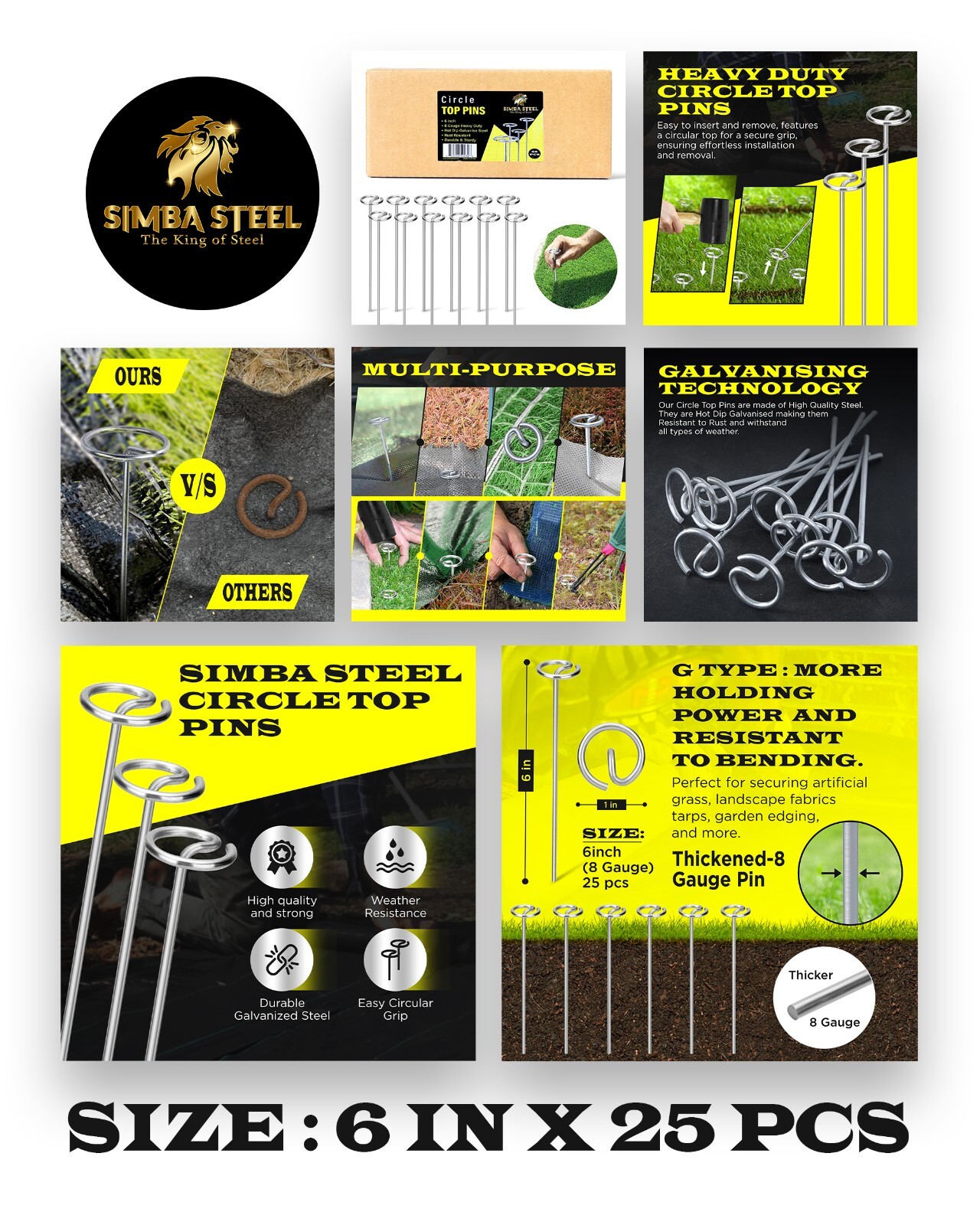 6 Inches Circle Top Pins 8 Gauge STRONG Galvanized Landscape Staples Fabric SOD