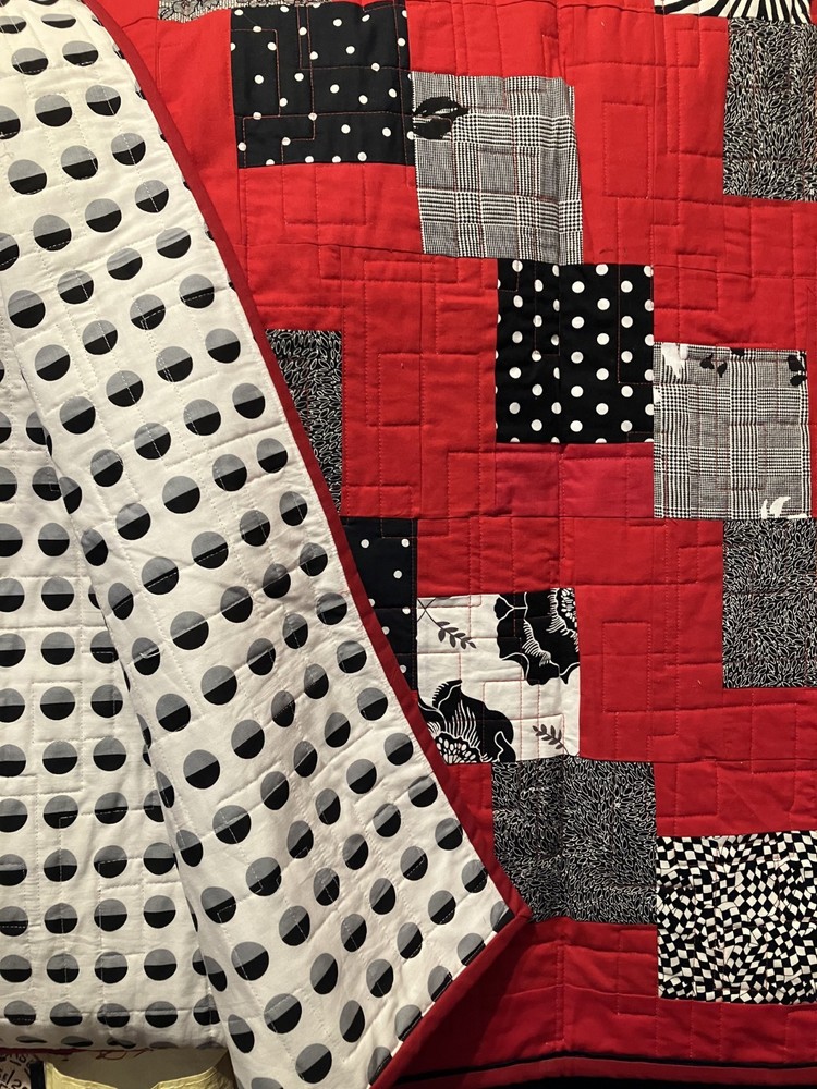 Black & White with Red Falling Charm patchwork Quilt Full size 75" X 91"
