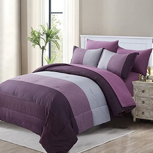 Comforter Set Reversible Striped Patchwork Alternative Comforte Queen Purple