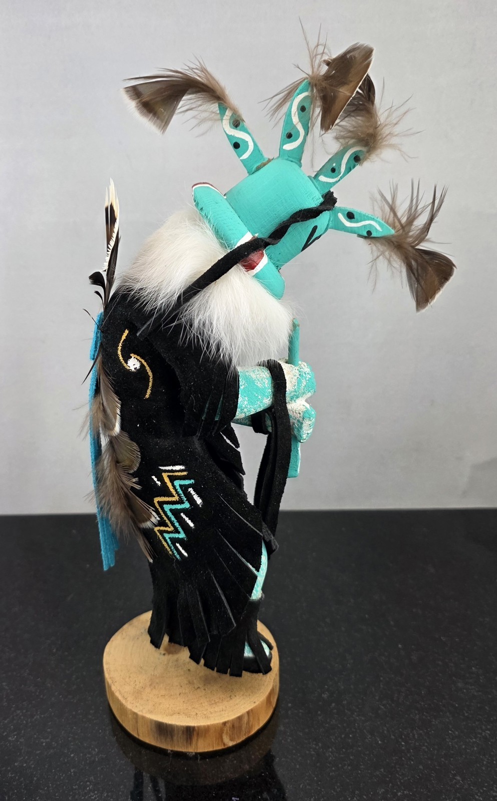 Vintage Kokopelli Kachina Doll Leather Wood Fur Feathers 11.5″ - Corrina Edsitty