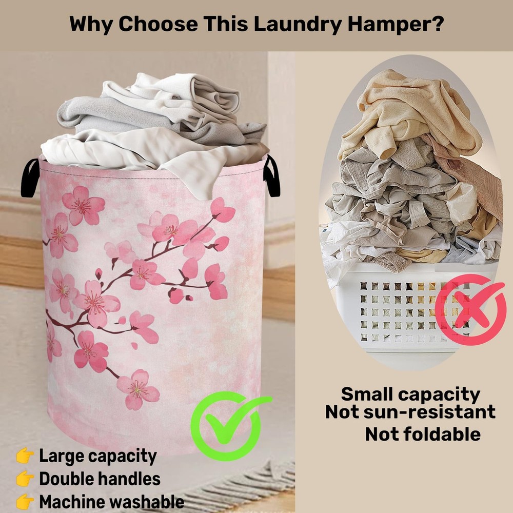 Pink Cherry Blossoms Laundry Basket - Extra Large Foldable Laundry Hamper for...