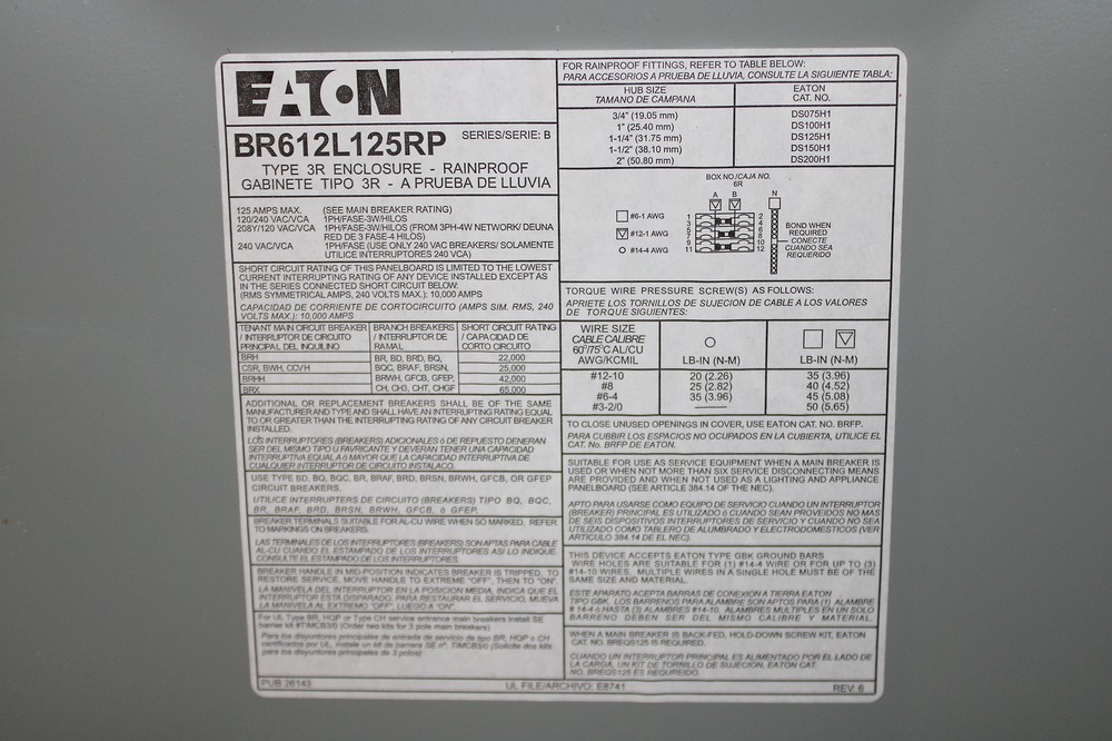 Eaton BR612L125RP Loadcenters and Panelboards