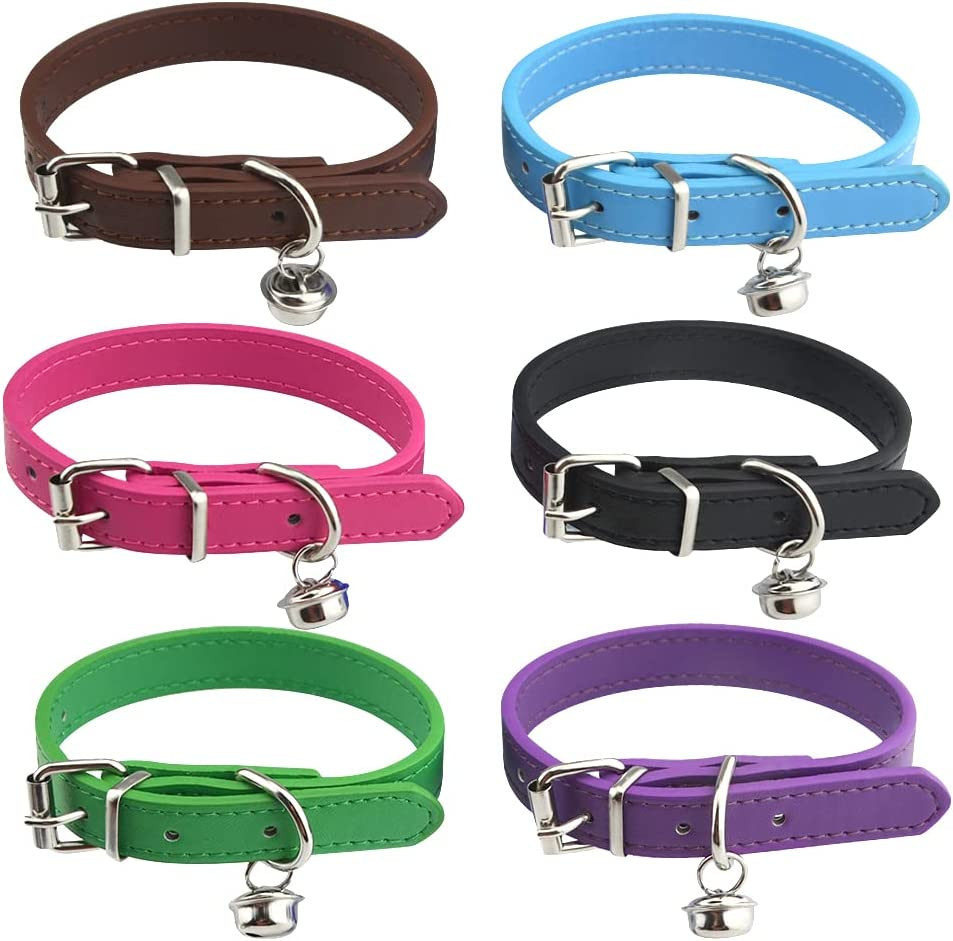 6Pcs Leather Pet Collars with Bell Adjustable 20-28Cm Soft Identification Leathe